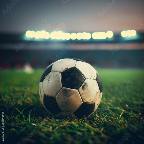Obraz na płótnie Soccer ball on grass created with Generative AI technology
w salonie