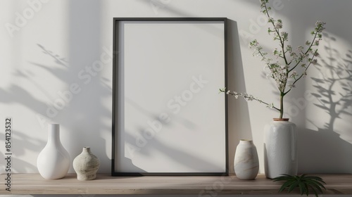 Mock up poster frame close up on shelf with decoration © Budi