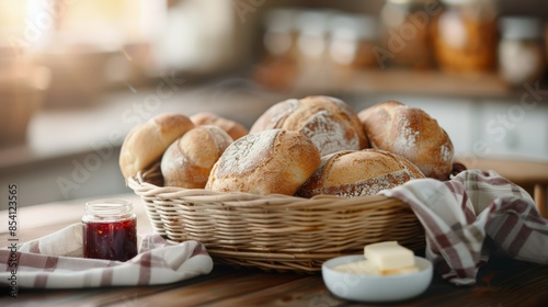 Freshly Baked Bread on Rustic Wooden Table for Breakfast or Brunch Generative AI