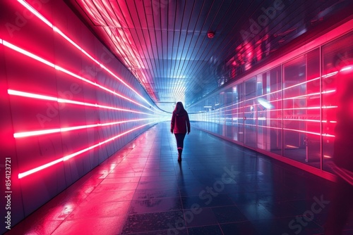 A vibrant photograph of a woman walking in a corridor with red neon lights, creating a dynamic and modern atmosphere