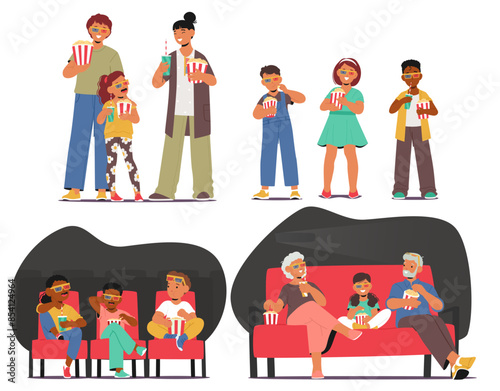 Families And Kids Experiencing Joy And Excitement While Watching Movies At The Cinema. Characters Wearing 3d Glasses