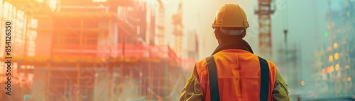 Construction worker in safety gear observing a busy construction site at sunset. Urban development backdrop with cranes and scaffolding.