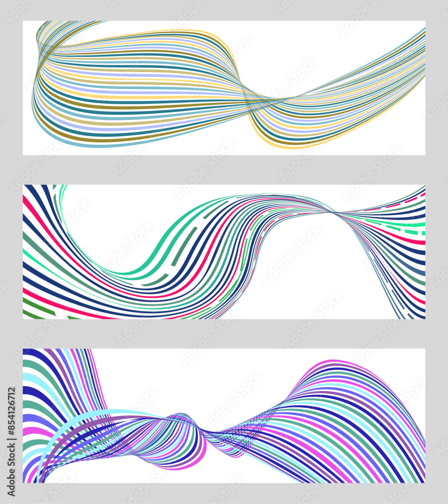 Wavy lines or ribbons. Set of 3 backgrounds. Multicolored striped gradient. Creative unusual background with abstract gradient wave lines to create a trendy banner, poster. vector eps Wavy lines or ribbons. Set of 3 backgrounds. Multicolored striped gradient. Creative unusual background with abstract gradient wave lines to create a trendy banner, poster. vector eps