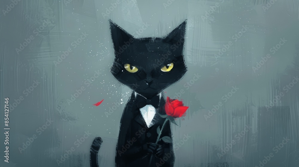 Whimsical Cat in Formal Attire Holding a Rose Generative AI Whimsical Cat in Formal Attire Holding a Rose Generative AI