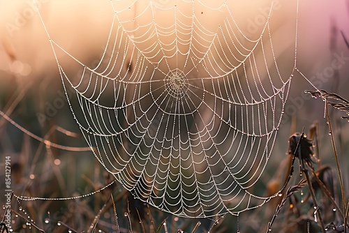 A spidera??s web, dewdrops sliding down its strands in the early morning light photo