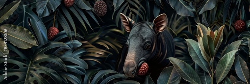 Stunning wallpaper design featuring a tapir,a unique mammal,holding a lychee fruit and surrounded by a vibrant,dense tropical foliage backdrop. Perfect for nature,wildlife. photo