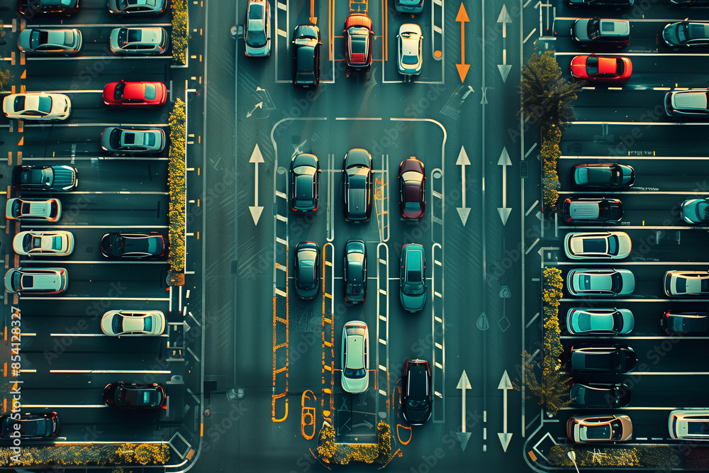 Aerial view of cars parked in the parking lot. Aerial view of cars parked in the parking lot.