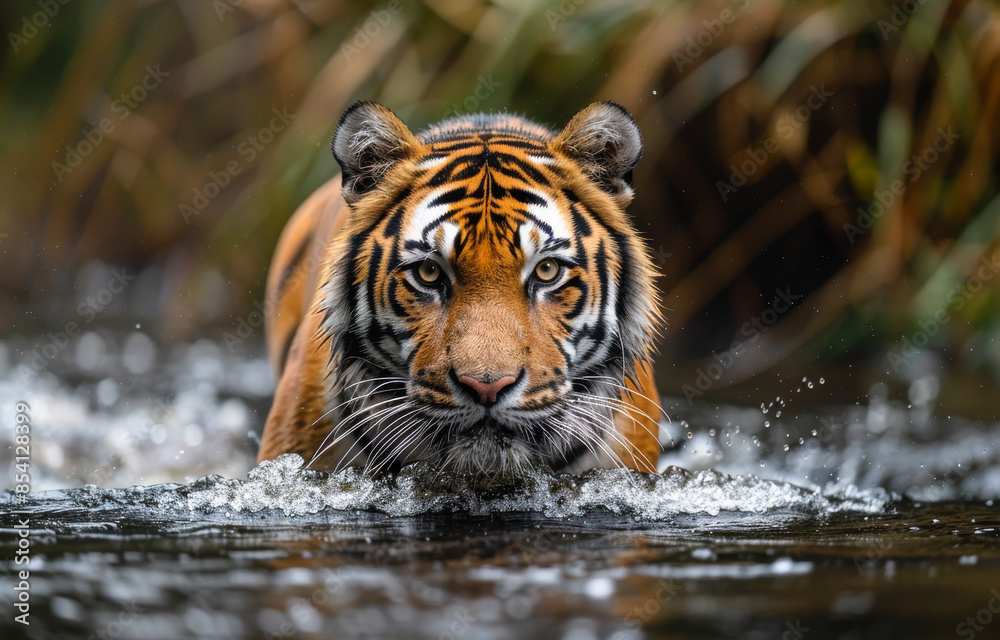 A tiger is swimming in a river. The tiger is looking at the camera. The water is murky and the tiger is the only thing visible A tiger is swimming in a river. The tiger is looking at the camera. The water is murky and the tiger is the only thing visible