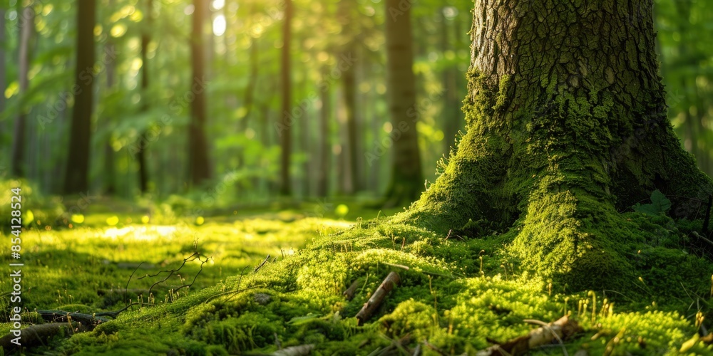 A tree trunk covered in moss and surrounded by green grass. Generate AI image A tree trunk covered in moss and surrounded by green grass. Generate AI image