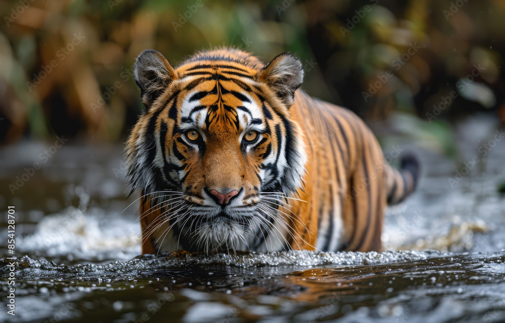A tiger is swimming in a river. The tiger is looking at the camera. The water is murky and the tiger is the only animal visible A tiger is swimming in a river. The tiger is looking at the camera. The water is murky and the tiger is the only animal visible