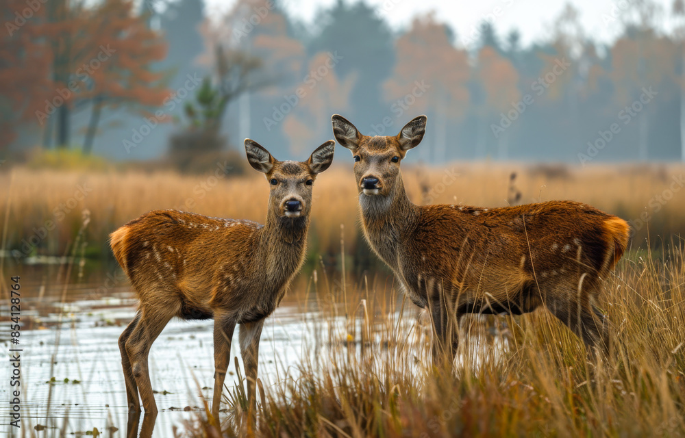 Obraz premium Two deer standing in a field by a body of water