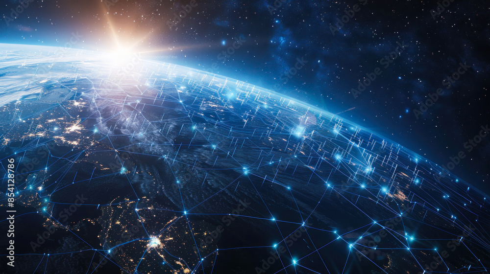 Global network over Earth with city connections Global network over Earth with city connections