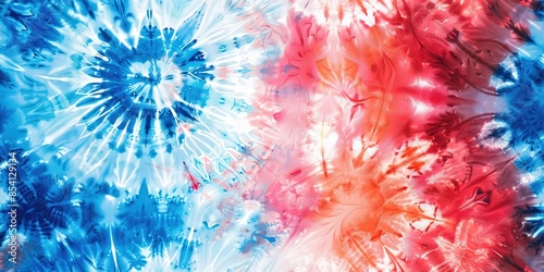 tie dye, many small designs, red and blue on white background 
