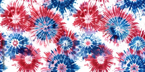 tie dye, many small designs, red and blue on white background 