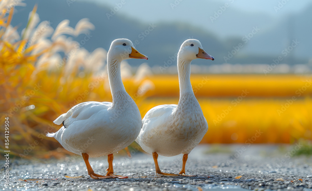 Obraz premium Two white ducks standing next to each other on a road. The ducks are looking at the camera