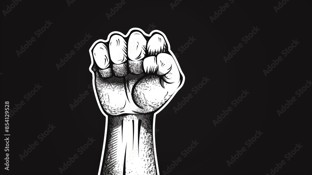Black and white illustration of raised fists at a protest, capturing the essence of a civil rights rally, unity and strength of a diverse group fighting for revolution and social change Black and white illustration of raised fists at a protest, capturing the essence of a civil rights rally, unity and strength of a diverse group fighting for revolution and social change