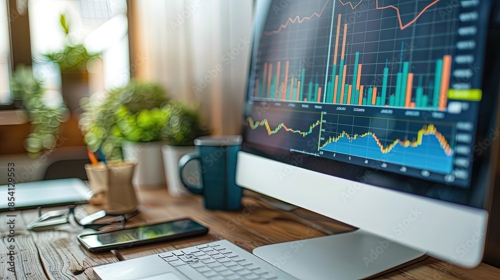A desktop computer displaying a financial dashboard, with colorful ...