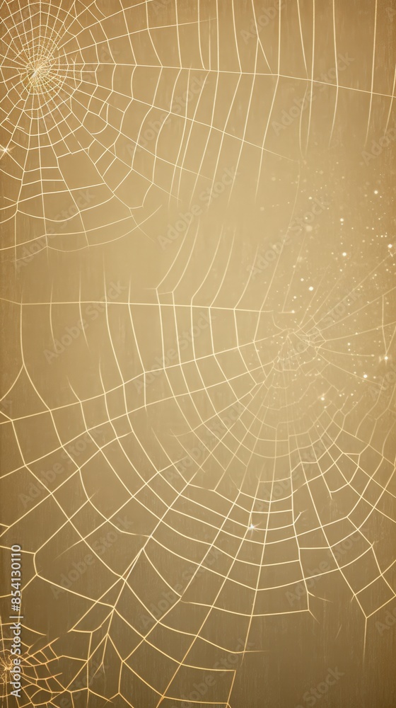Obraz premium Close-up of spider webs against a brown background, showcasing intricate and delicate web patterns with a soft light effect.