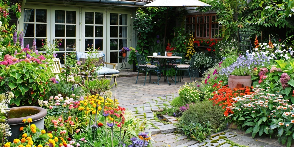Obraz premium well kept garden and house, with flowers and patio furniture, photo picture style 