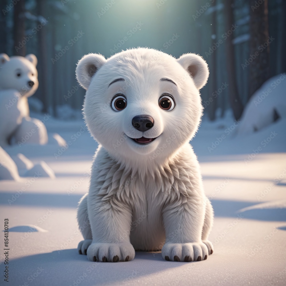 Smiling Baby Polar Bear in Cinematic Light Kids Animation Movie Illustration Smiling Baby Polar Bear in Cinematic Light Kids Animation Movie Illustration