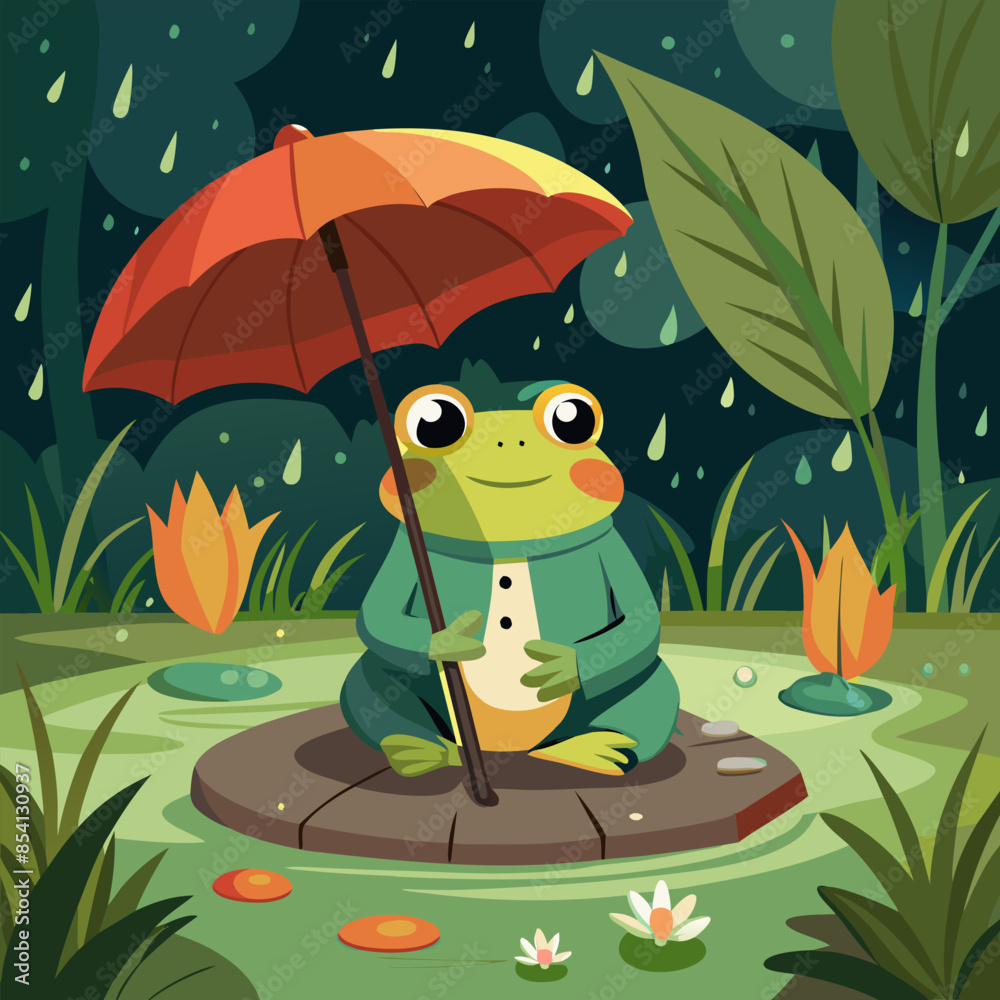 Naklejka premium Frog under an umbrella in the swamp: a vector illustration reflecting the beauty of nature on a rainy day 