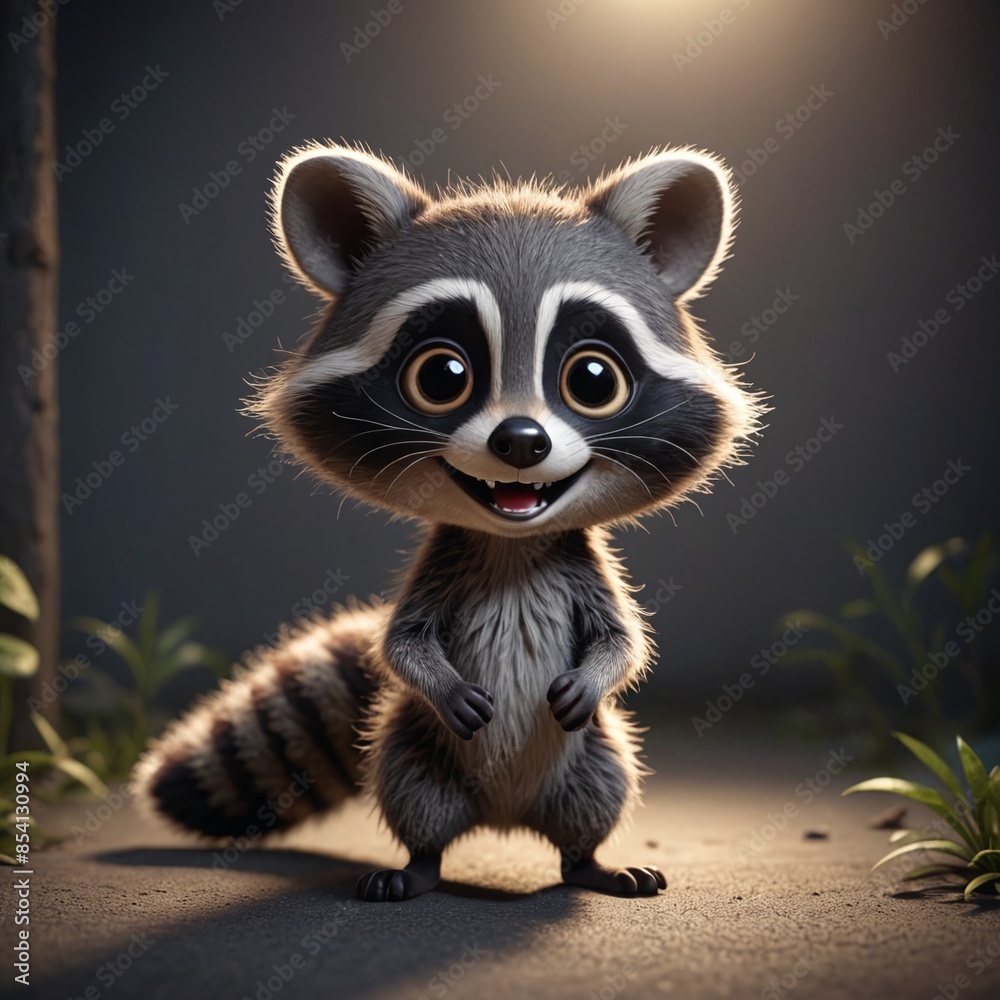 Adorable Baby Raccoon in Cinematic Light Kids 3D Animation Movie Illustration Adorable Baby Raccoon in Cinematic Light Kids 3D Animation Movie Illustration
