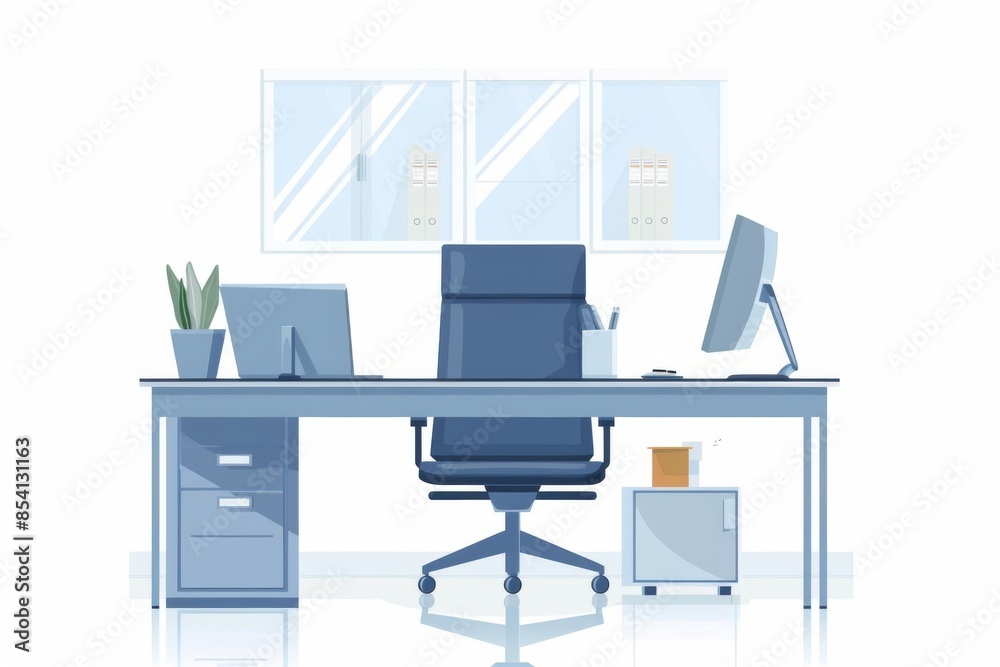 A modern office with a sleek glass desk and a comfortable chair, set against a clear white background. A modern office with a sleek glass desk and a comfortable chair, set against a clear white background.
