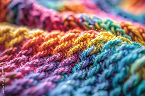 Rainbow Reverie Detailed View of a Handmade Knit Sweater with Vibrant Colors © photobuay