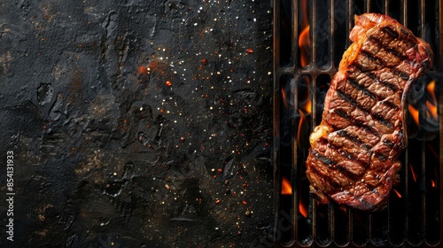 Juicy steak grilling on hot coals photo