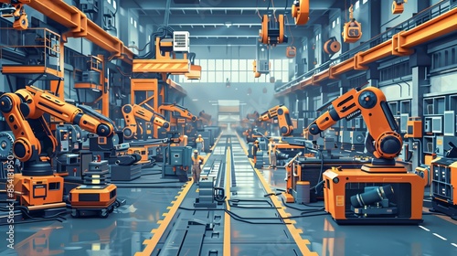 A bustling industrial robotics maintenance facility with technicians servicing and upgrading robots 