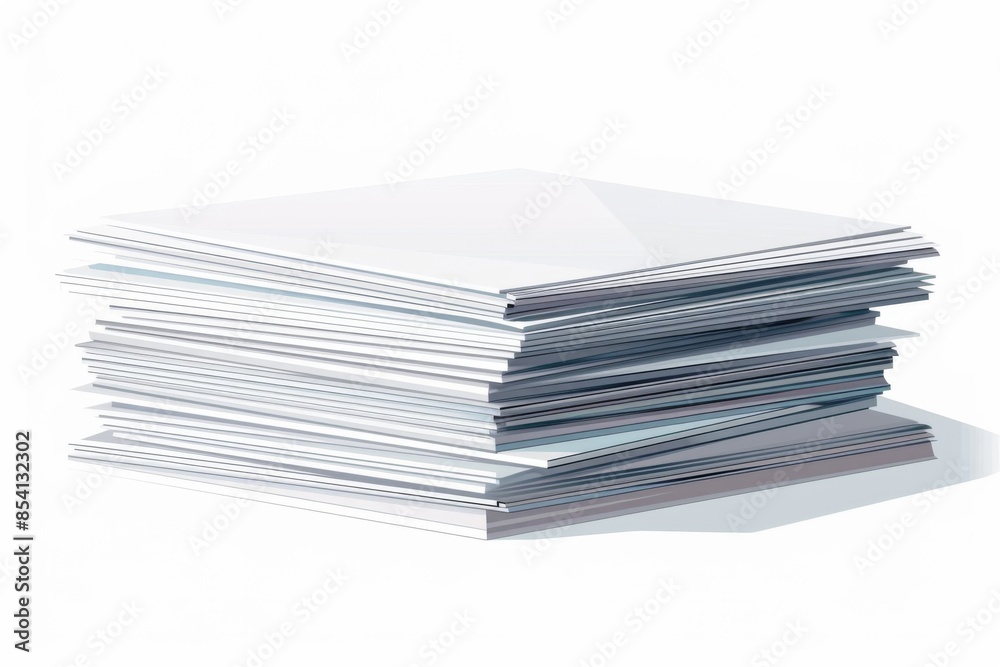 A precise arrangement of crisp, white paper on a printer tray against a clear white background. A precise arrangement of crisp, white paper on a printer tray against a clear white background.