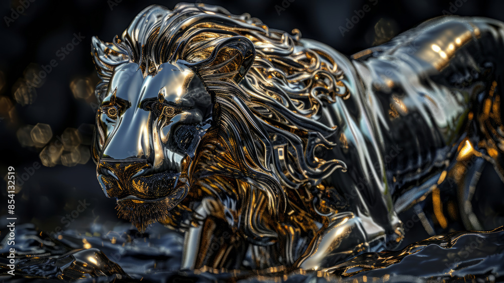 A striking metallic lion sculpture with a geometric design, showcasing modern art's sleek and reflective qualities in a captivating abstract form. A striking metallic lion sculpture with a geometric design, showcasing modern art's sleek and reflective qualities in a captivating abstract form.