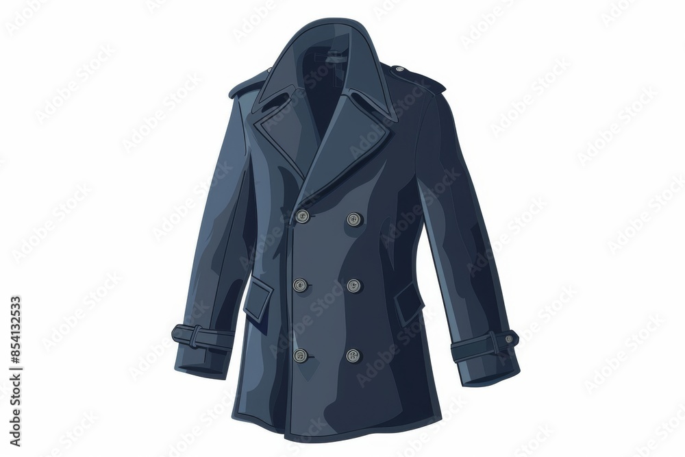 A beautifully tailored pea coat in a classic navy blue hue, depicted in an elegant illustration against a clean white background. A beautifully tailored pea coat in a classic navy blue hue, depicted in an elegant illustration against a clean white background.