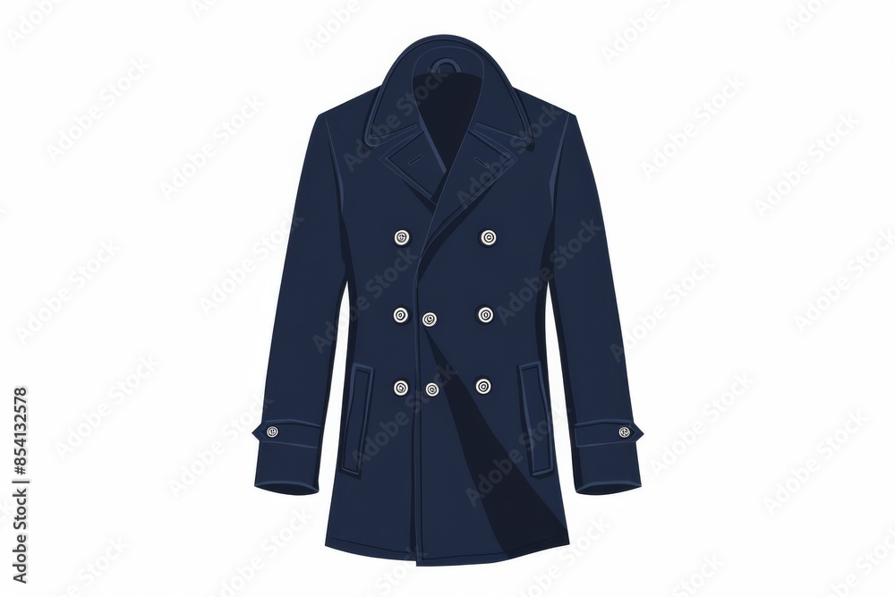 A classic pea coat in a timeless navy blue color, tailored to perfection. The illustration showcases the coat against a clear white background, highlighting its elegant design. A classic pea coat in a timeless navy blue color, tailored to perfection. The illustration showcases the coat against a clear white background, highlighting its elegant design.