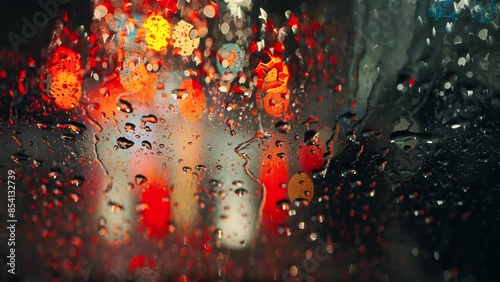 Lights of the evening city and passing cars through a wet rainy window.