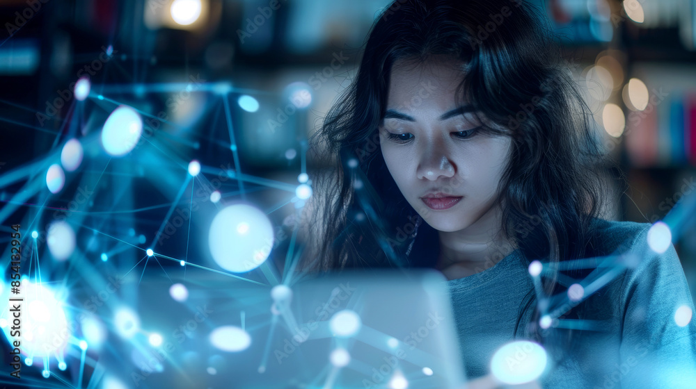 Young woman studies information displayed on digital interface with glowing network connections, concept of data analysis, technology, and modern research. Young woman studies information displayed on digital interface with glowing network connections, concept of data analysis, technology, and modern research.