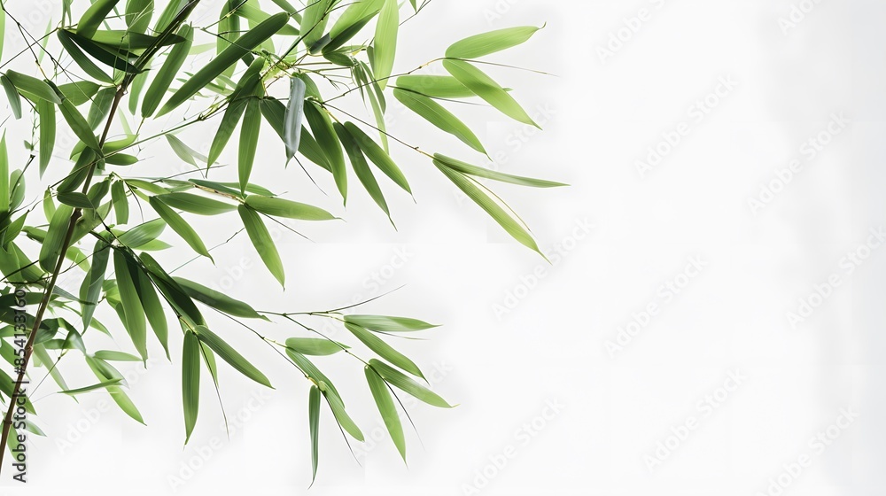 Obraz premium Thick-stemmed bamboo branch with leaves on white background