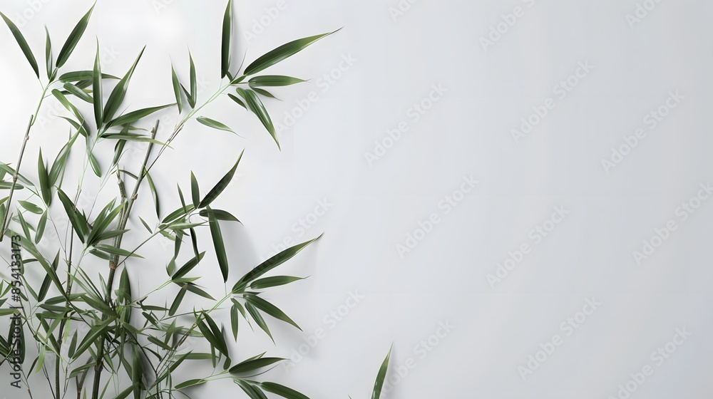 Fototapeta premium Thick-stemmed bamboo branch with leaves on white background