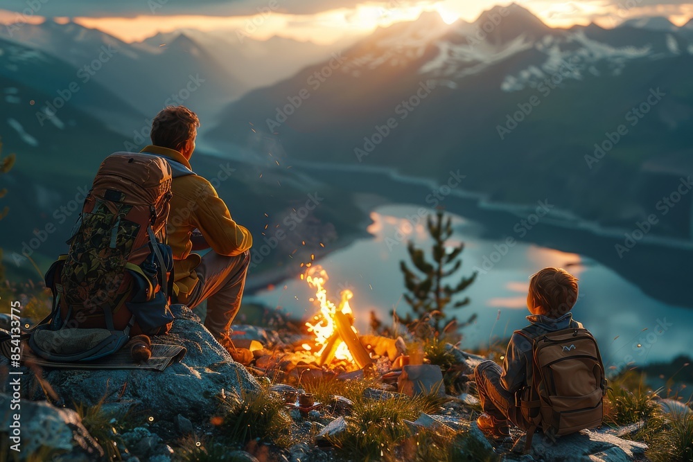 A father and son sitting by a campfire on a mountain, overlooking a valley at sunset. The scene captures bonding, adventure, and the beauty of nature.
A father and son sitting by a campfire on a mountain, overlooking a valley at sunset. The scene captures bonding, adventure, and the beauty of nature.