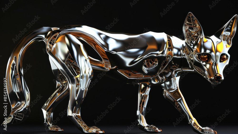 A striking metallic fox sculpture with a geometric design, showcasing modern art's sleek and reflective qualities in a captivating abstract form. A striking metallic fox sculpture with a geometric design, showcasing modern art's sleek and reflective qualities in a captivating abstract form.