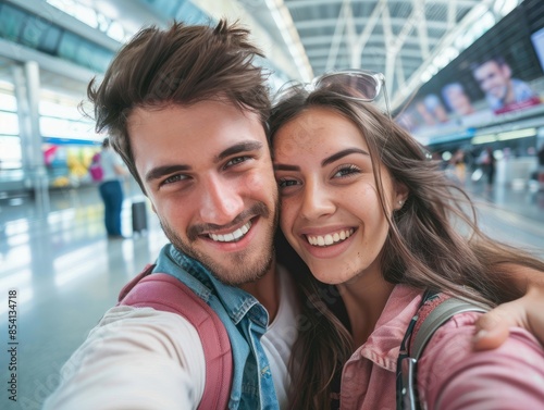 Cute couple of young people smiling having fun in the airport taking a selfie together looking at the camera enjoying vacations time..