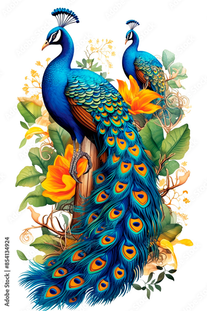 Fototapeta premium Peacock Bird Image for Stickers, T-Shirt Print, Cap, Mug, Slipper, Mousepad, with Transparent Background PNG