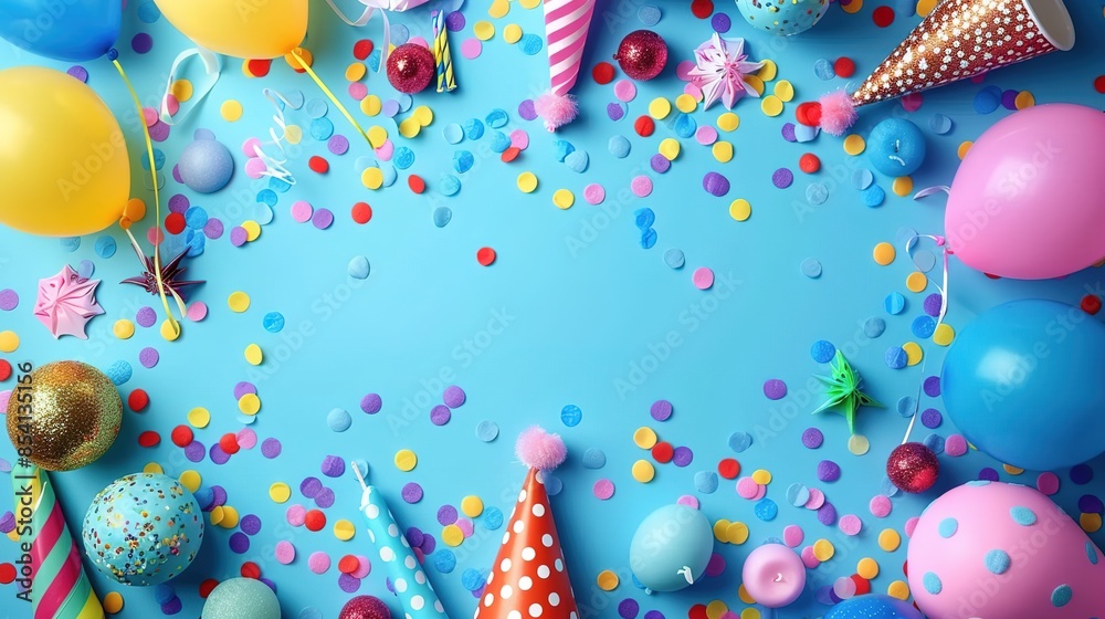 Birthday party caps, blowers, and candles on a blue background