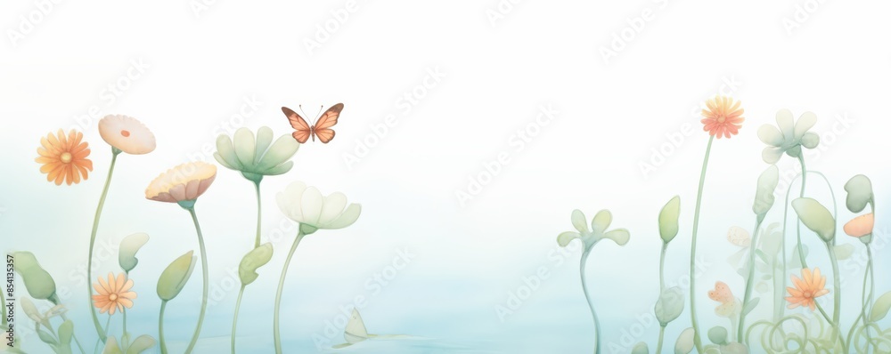 Naklejka premium Beautiful watercolor illustration of delicate flowers and a butterfly against a light blue background, perfect for spring or nature-themed designs.