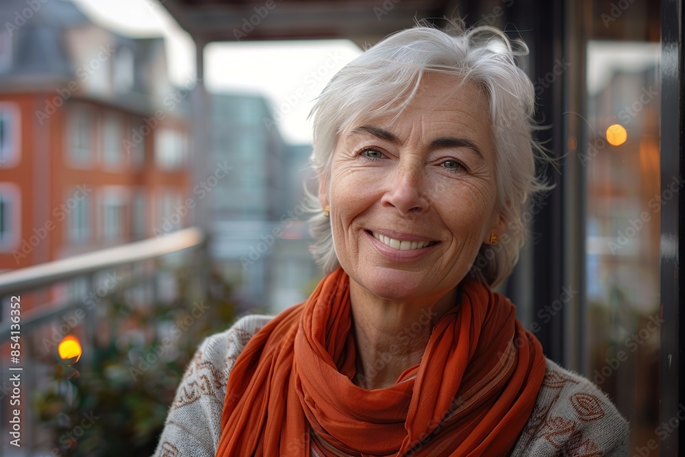 Urban Autumn Mature Woman Enjoying City Terrace Weather