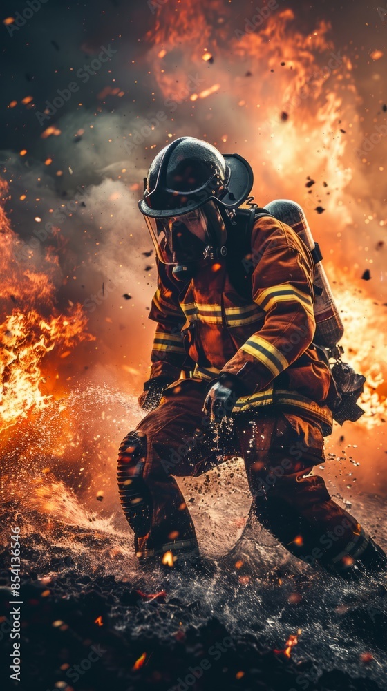 Firefighter battling a blaze with flames in the background.
Firefighter battling a blaze with flames in the background.