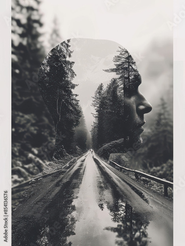 Surreal Portrait Blending Forest Path and Human Silhouette