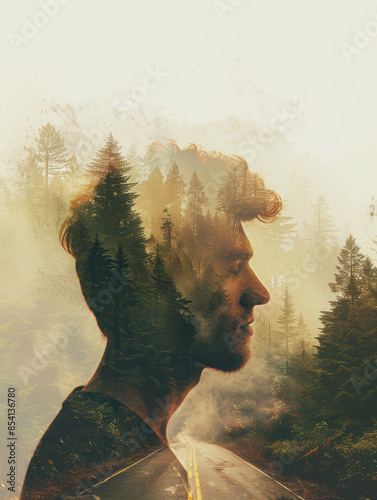 Man with Forest-Themed Double Exposure Portrait