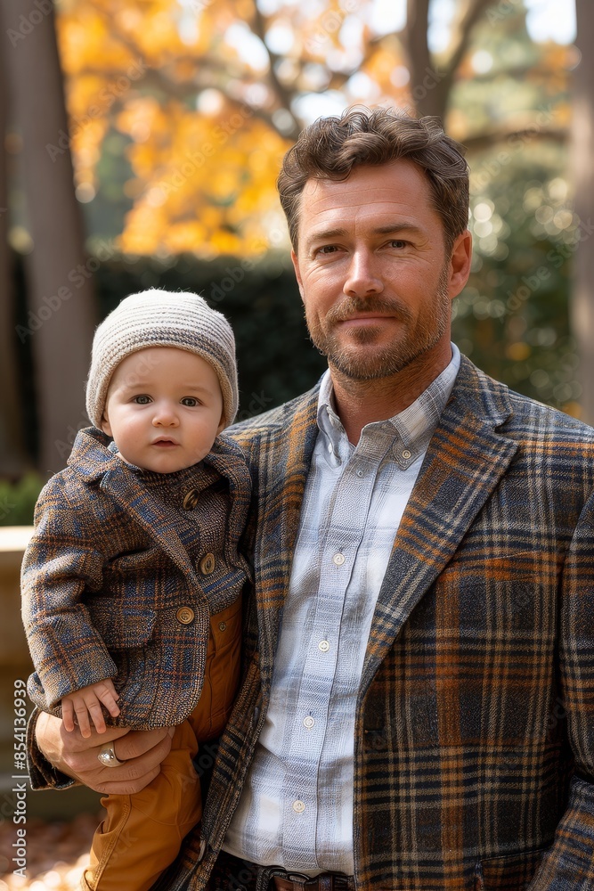 Fototapeta premium Father and baby son in matching plaid outfits, enjoying a sunny autumn day in the park, highlighting the warmth and love of family bonding, Generative AI