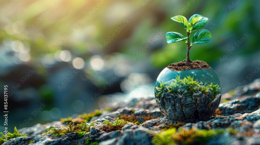 Sprouting Plant in Glass Sphere with Moss. Generative ai Sprouting Plant in Glass Sphere with Moss. Generative ai